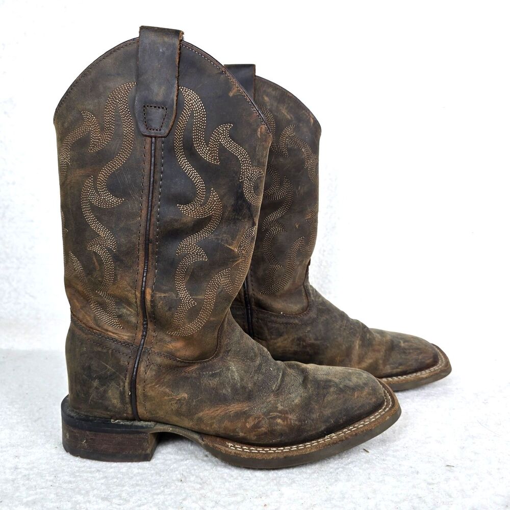 Old West Boy’s Brown Leather Western Boots 4.0 D Mid-Calf Square Toe Worn In